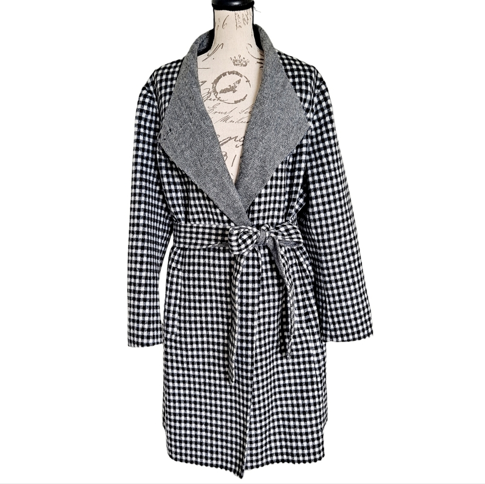 SOLD Talbots wool blend Trench plaid gingham double face belted long coat 18W - Picture 4 of 17